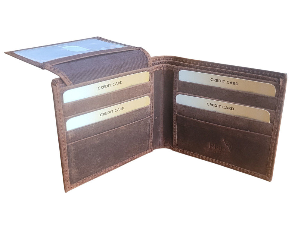 Genuine Rustic Buffalo Leather REFID Blocking Bifold Wallet - US Flag Deer