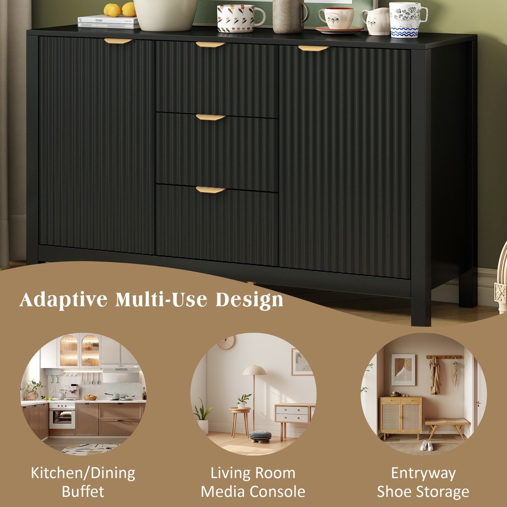 Wave Design Sideboard (3 Adjustable Shelves, 3 Drawers, Soft-Close Doors, Metal)