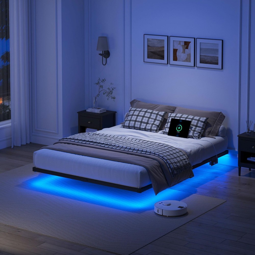 YORMDMO Floating Bed Frame Full Size, Heavy Duty Bedframe with Smart LED Ligh...
