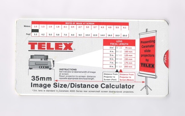 Telex 35mm Image Size/Distance Calculator for Slide Projection