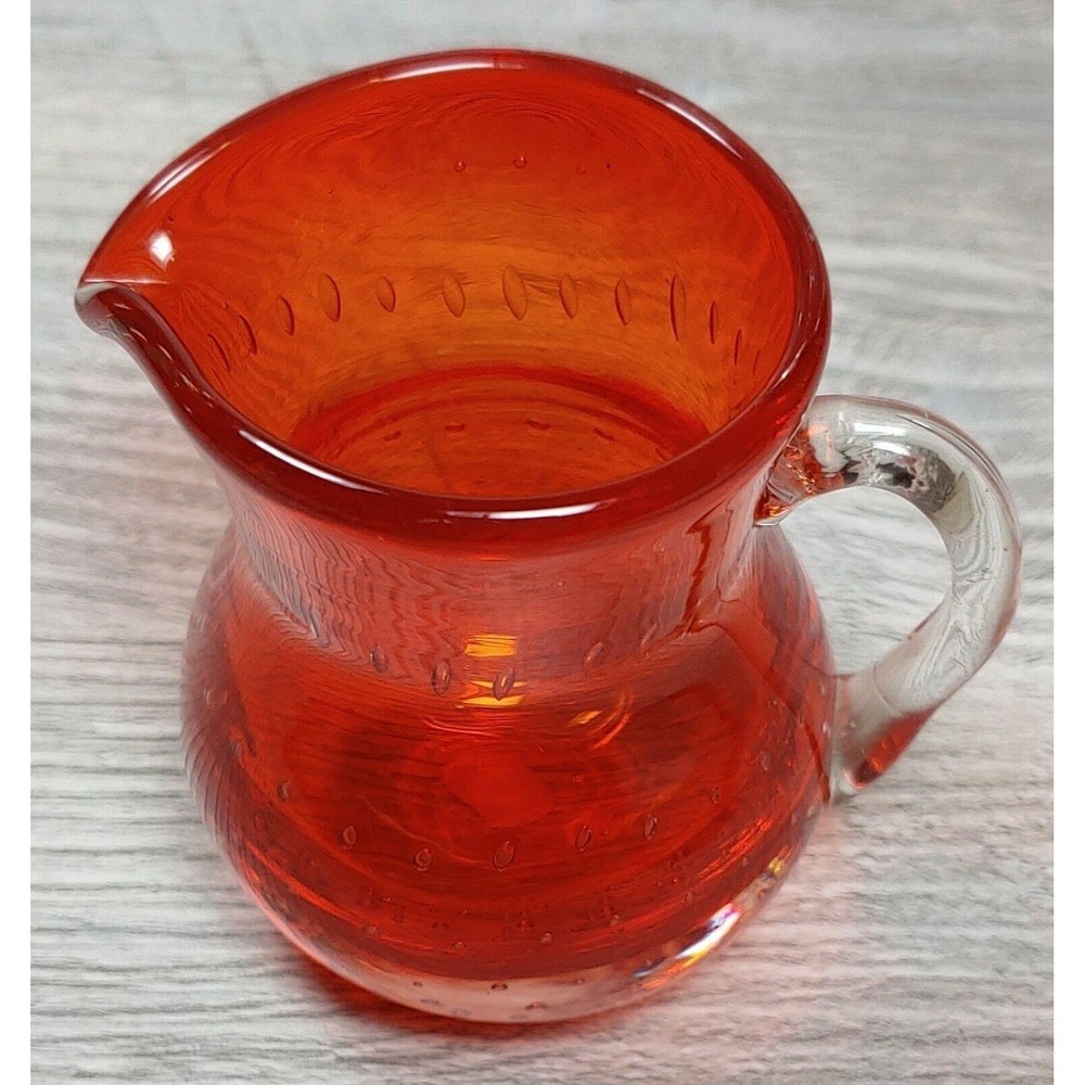 Lefton Red Glass Controlled Bubbles Creamer Hand Blown Mini Pitcher Handle VTG