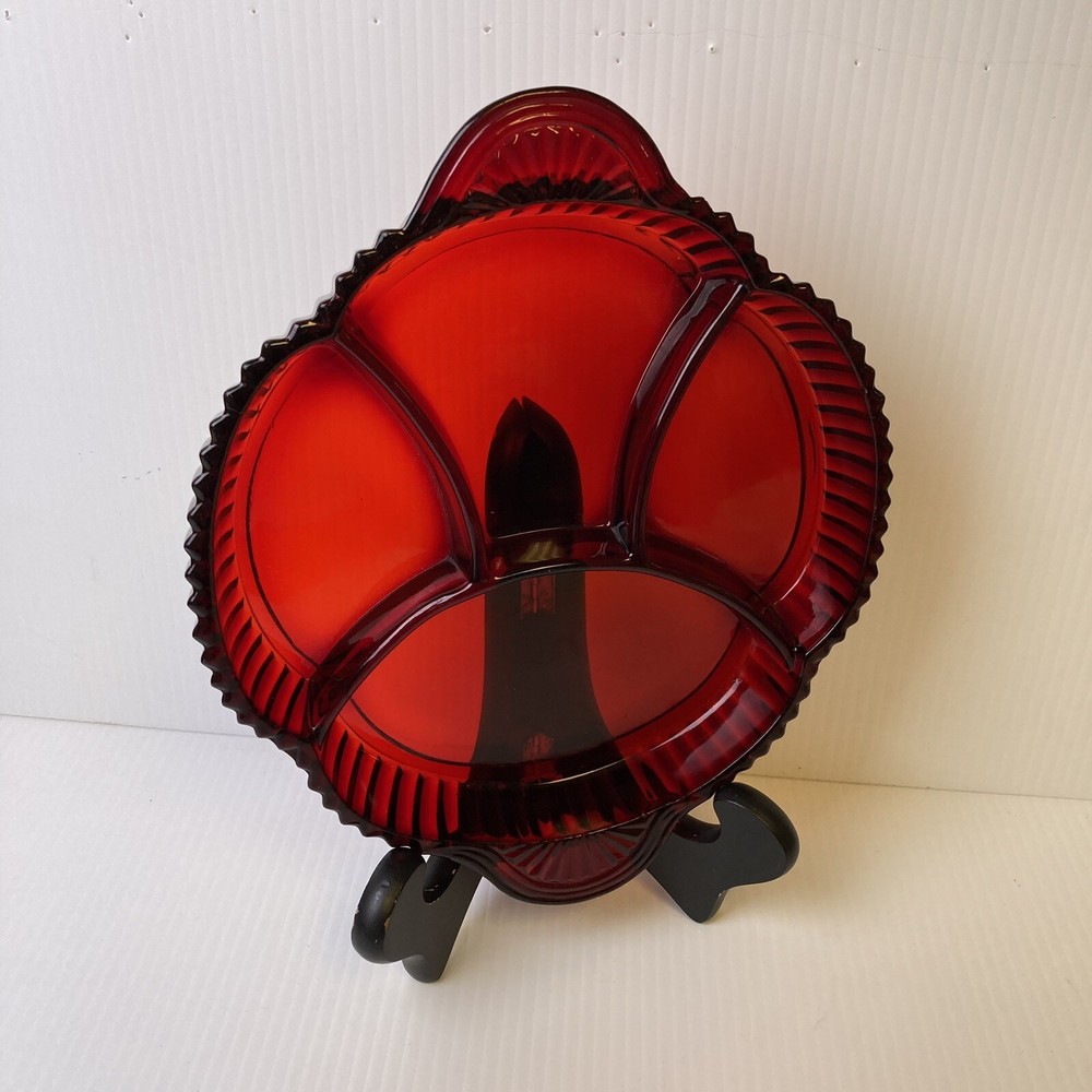 Ruby Red three Section Dish wh Scalloping on Side B5-30