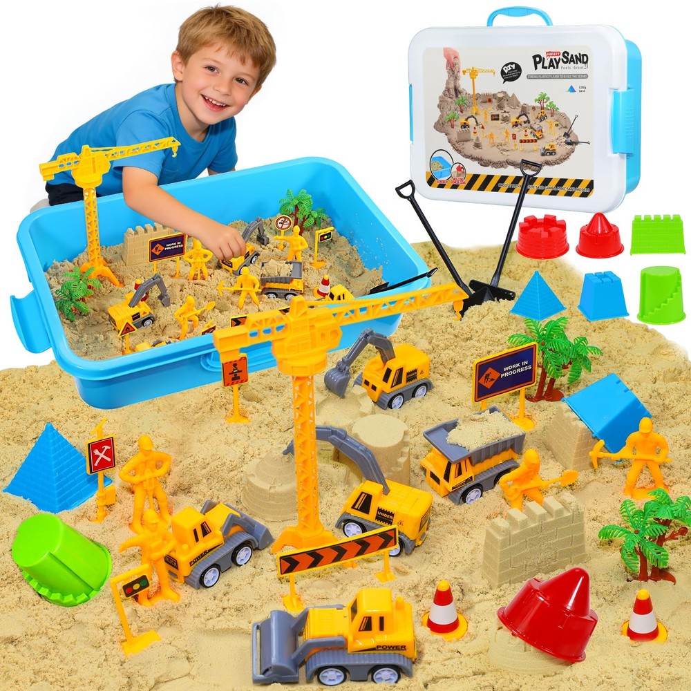 Construction Sensory Bin with Lid, 2.64lbs Magic Sand, Construction Trucks, T...
