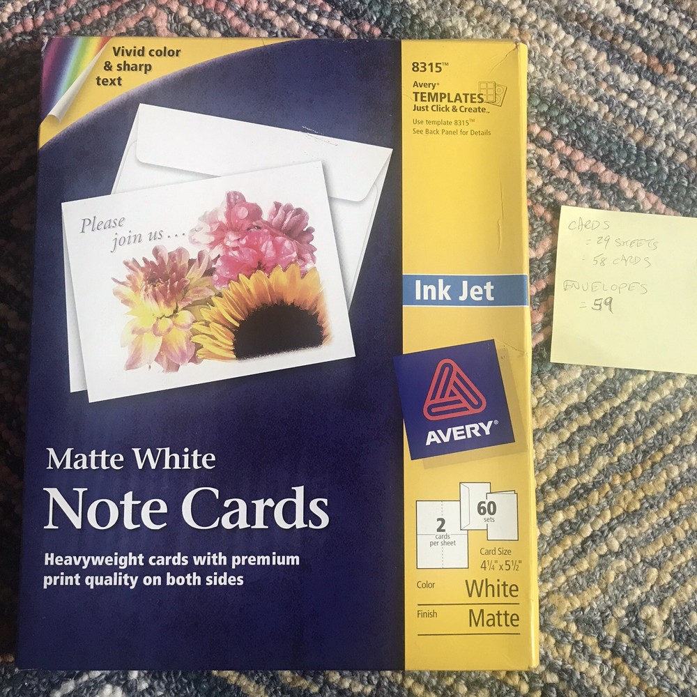 Avery Note Cards 8315 4.25x5.5" Matte White 60/Pack W/ Envelopes Open Box