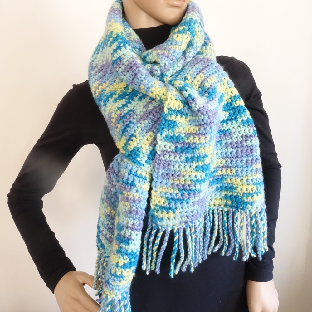Handmade Long Crochet Scarf Bright Houndstooth Pattern Washable Acrylic