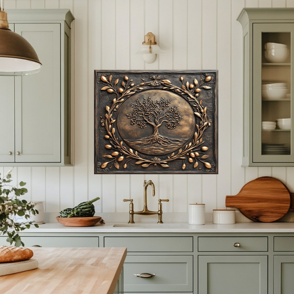 Olive Tree Copper Look Tempered Glass Kitchen Backsplash Panel, Made in USA,