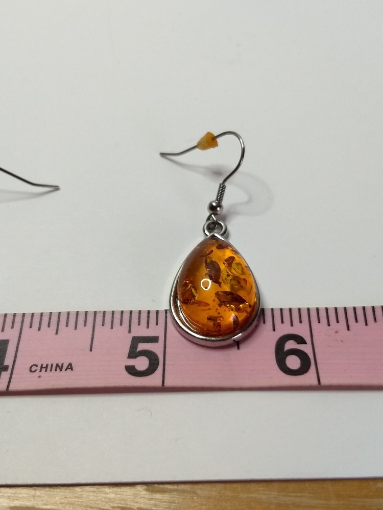 Amber Stone Silver Dangle Earrings & Necklace Set Statement Boho Western