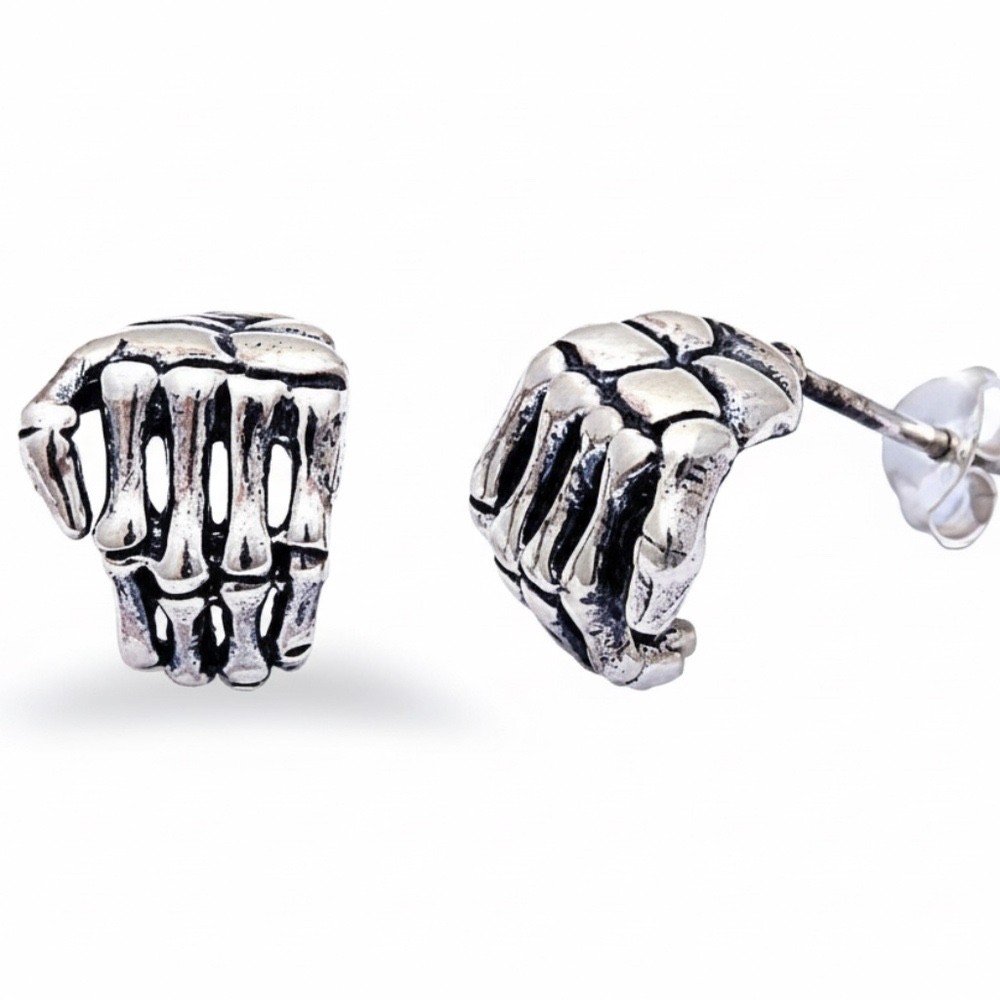 Mens Sterling Silver .925 Skeleton Hands Stud Earrings