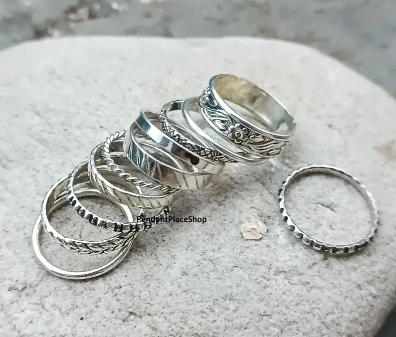 925 Solid Sterling Band Silver Stacking Rings, Textured Midi Ring Set All Size