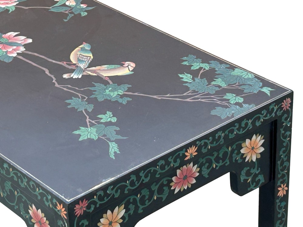 Chinese Black Lacquer Flower Birds Graphic Rectangular Low Coffee Table GB144