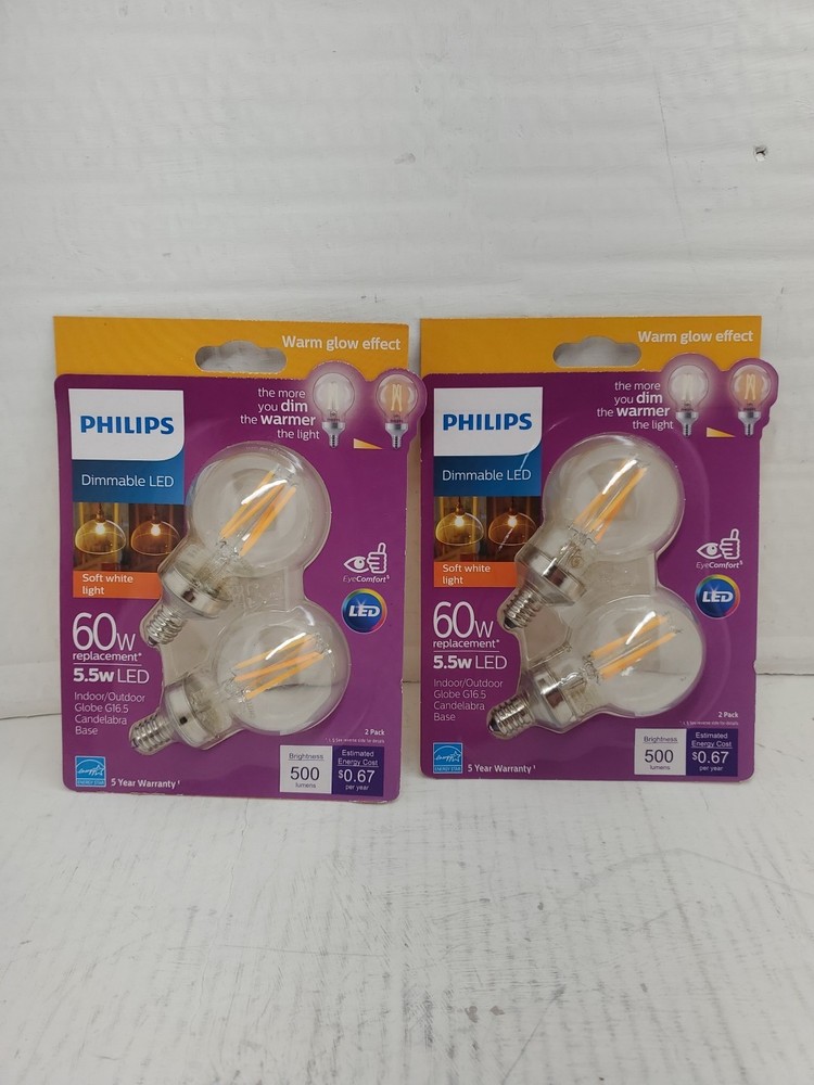 2 Packs Of 2 Philips Dimmable LED Soft White Light 60W/5.5w LED Globe G16.5 Bulb