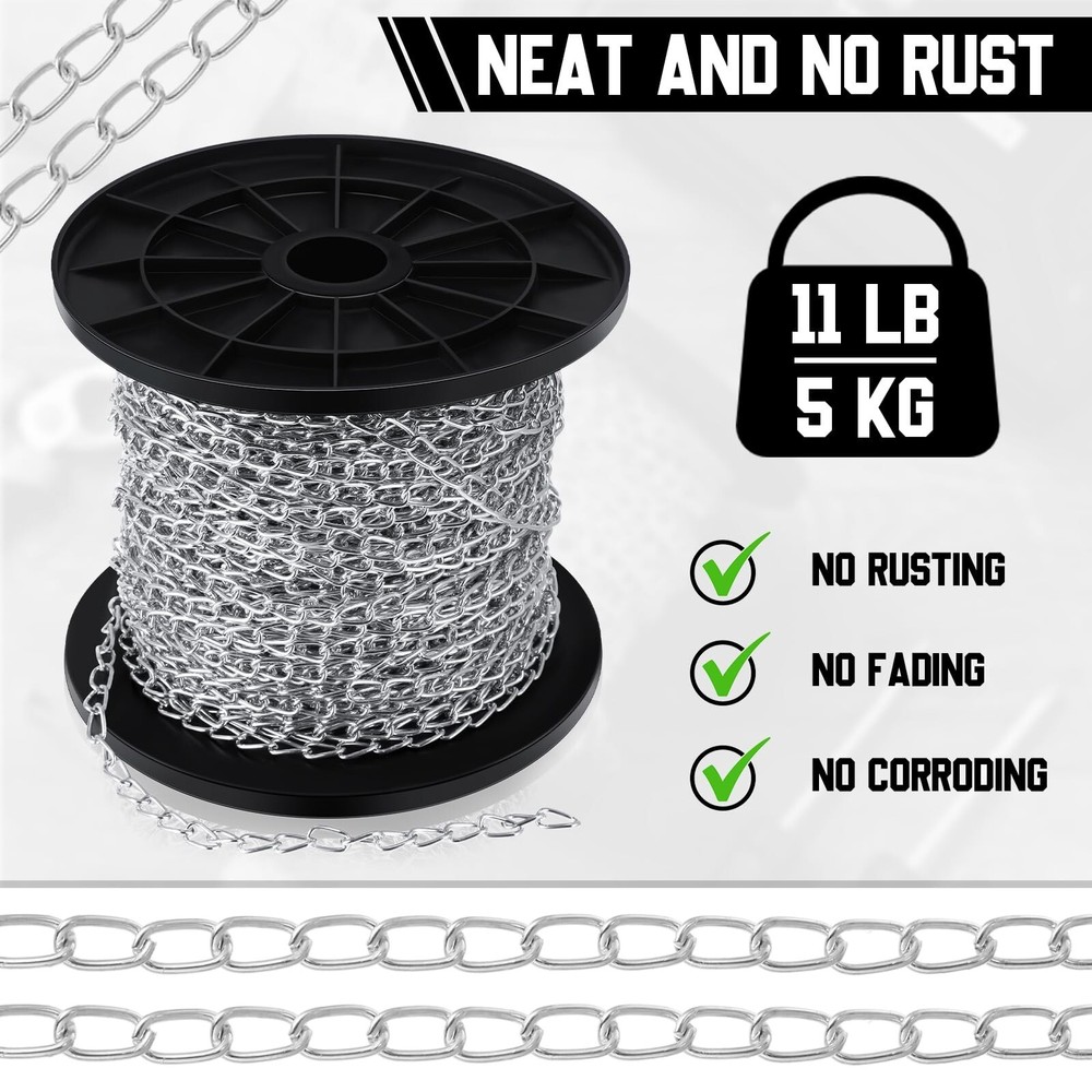 100 ft Jack Chain Galvanized Steel Hanging Chain Link Chain Silver Chain Roll...