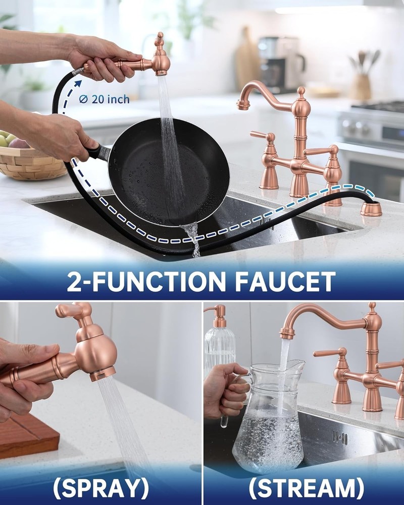 Solid Brass Copper Bridge Kitchen Faucet with Pull Down Sprayer,2 Handles 4 H...