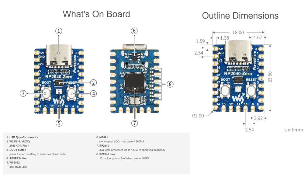 waveshare RP2040-Zero Pico-Like MCU Development Board Based on Raspberry Pi...