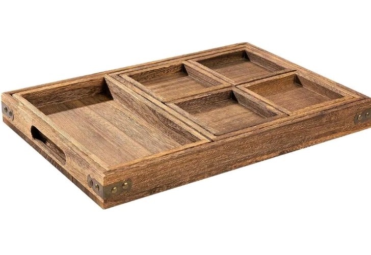 Rustic Wooden Serving Trays with Handle - Set of 7 Rectangular Platters