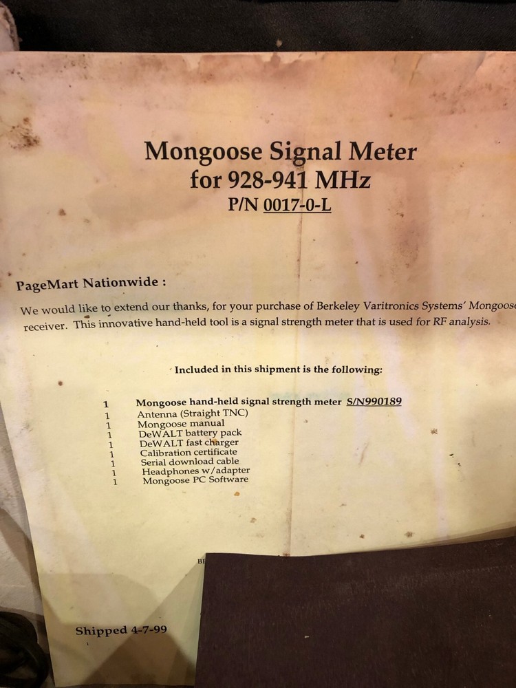 Berkeley Varitronics System Mongoose Signal Strength Meter w/Charger and Case