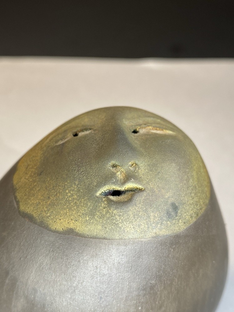 Nan Emmett Deva Raku Face Rattle Shaker Carved 4”