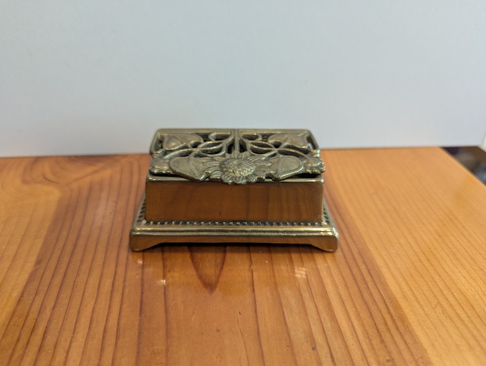Vintage Solid Brass Sunflower Double Roll Postage Stamp Holder Desk Organizer