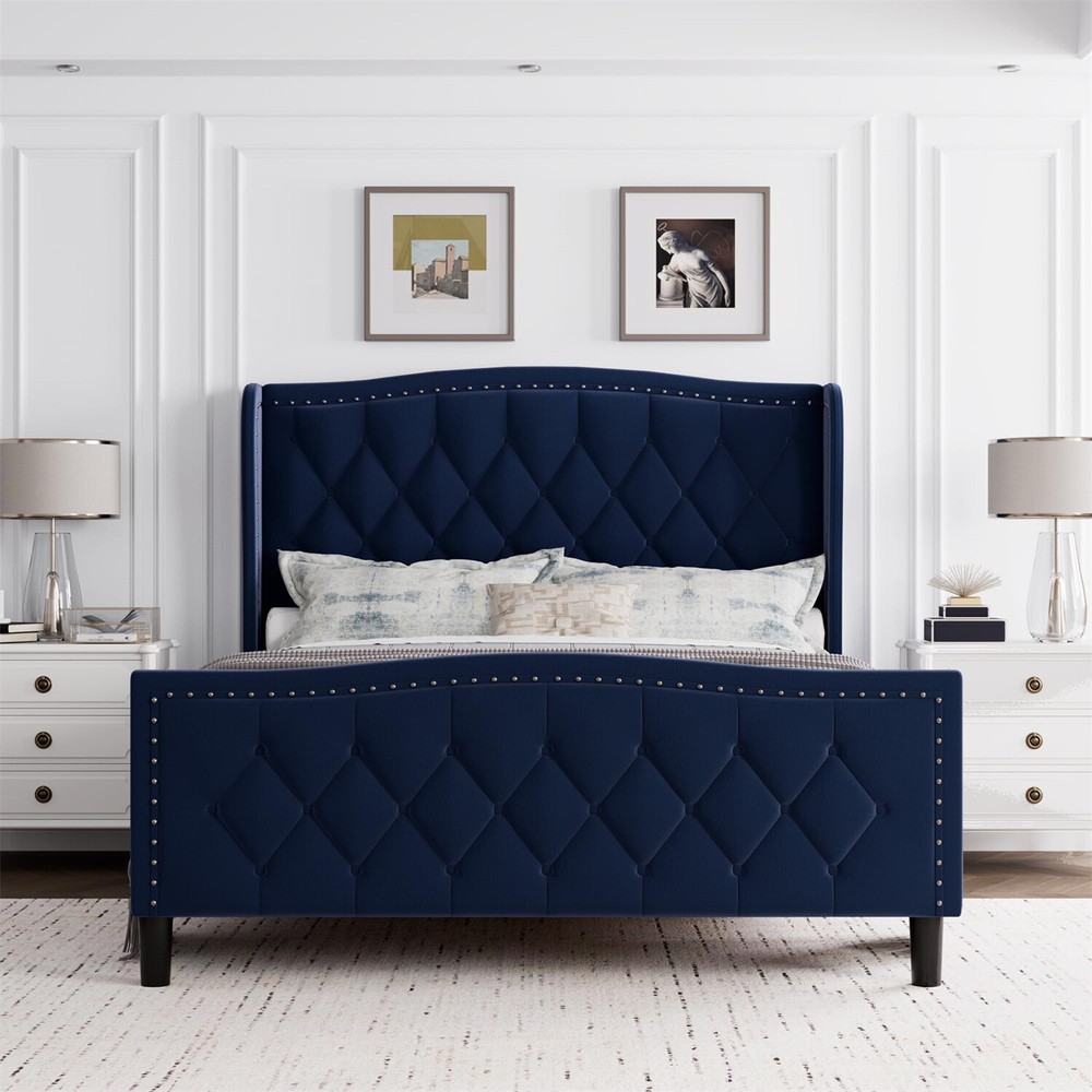Full Bed Frame Velvet Upholstered Platform Bed with Wing Side Headboard Sturdy