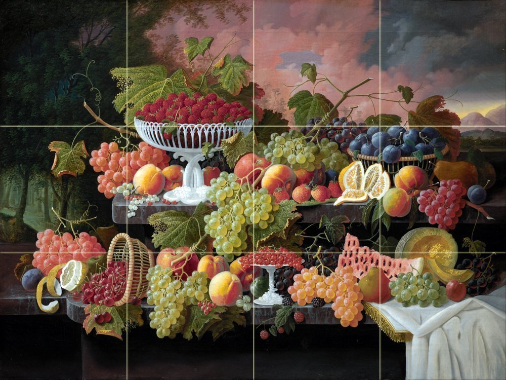 Still Life with Fruit and Sunset Landscape Tile Mural Kitchen Backsplash 24x18