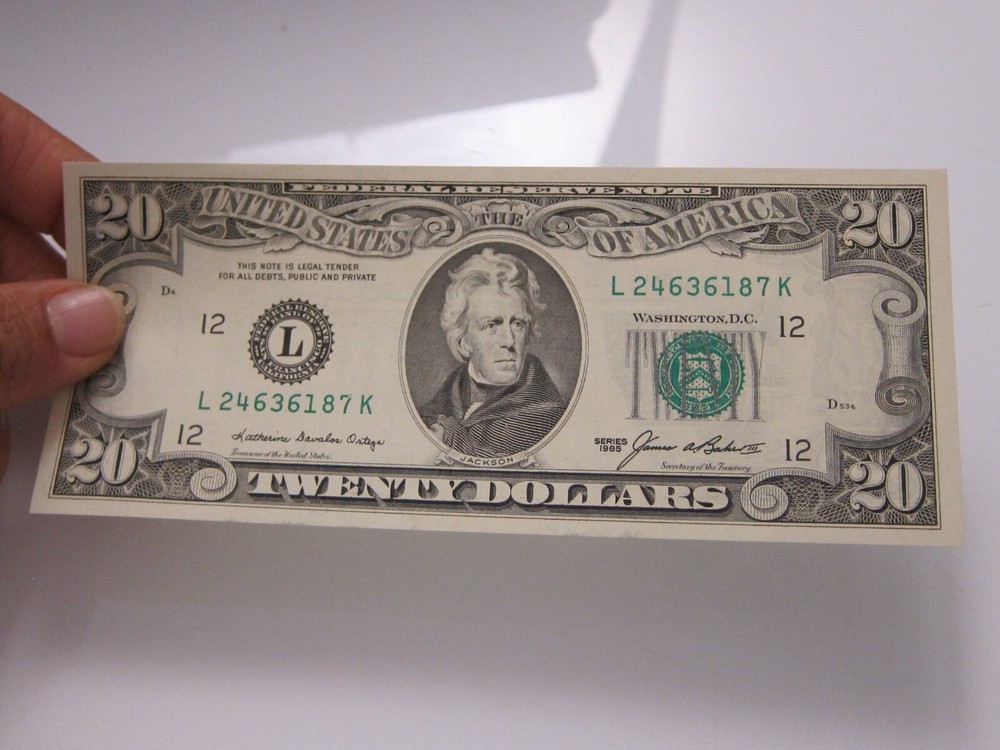 1985 $20 Printing Error on Back #L24636187K