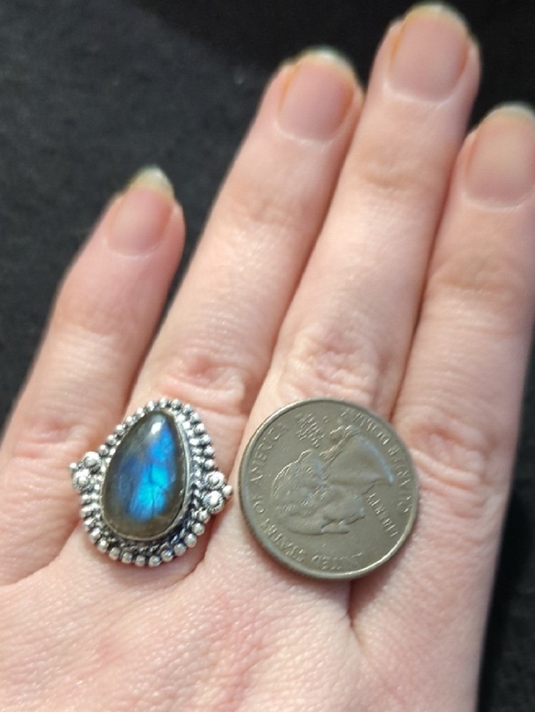 Silver Plated Grey Labradorite Gemstone Teardrop Statement Ring - size 7