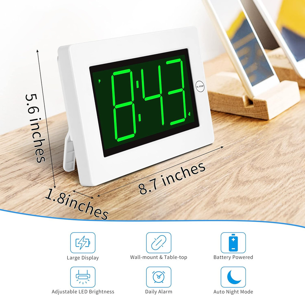 LED Digital Clock, Alarm Clock, Wall Clock, 3" LED Digit Display, Adjustable Bri
