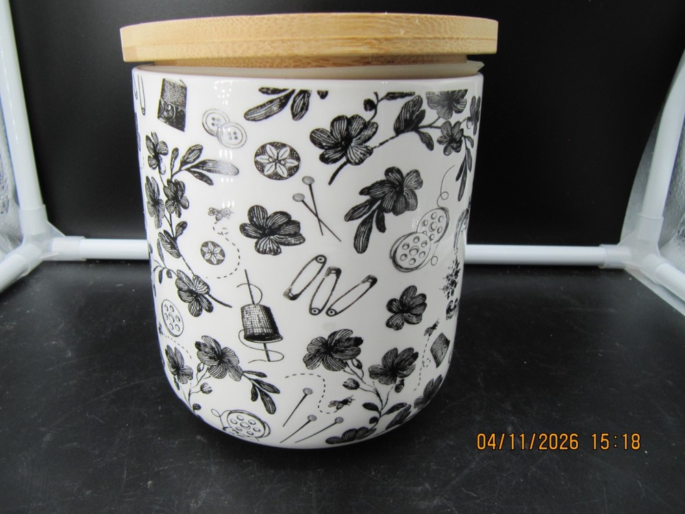 Sew-Ology “Bobbins & Things” Ceramic Canister With Lid