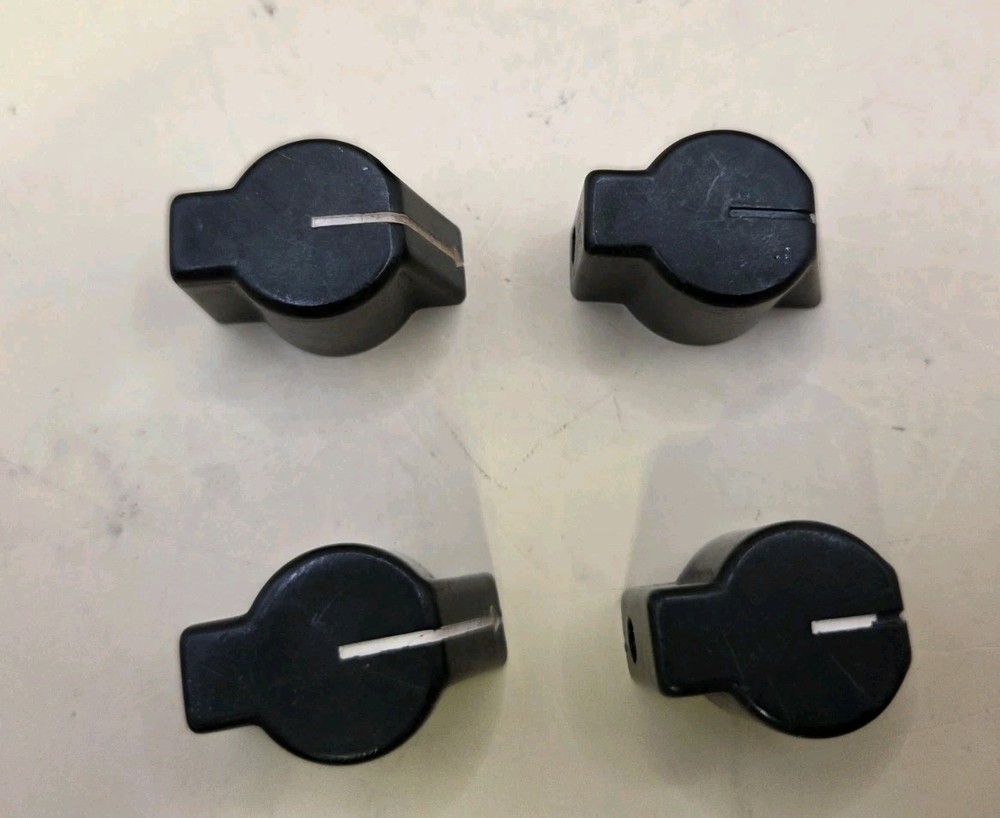 4 Used Black Bakelite Winged Pointer Knobs 60's 70's 1/4 Shaft Brass Insert