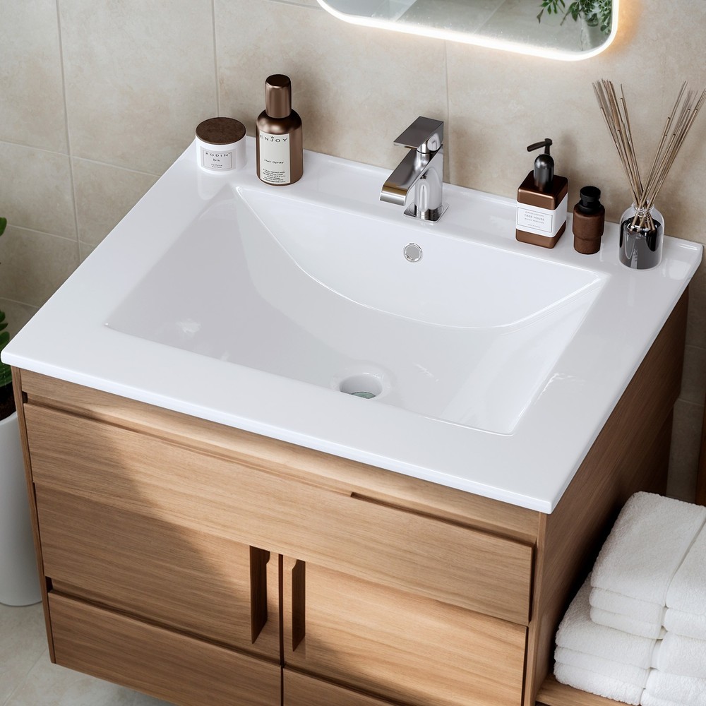 24" Ceramic Vanity Top Sink, Modern Rectangular Bathroom Basin with Faucet Hole