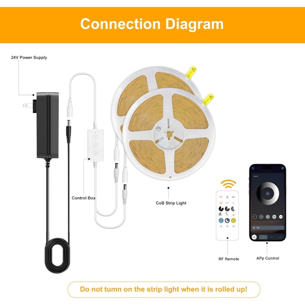 COB LED Strip Lights 65ft, 6000K Cool White, 24V Dimmable, App & Remote Control
