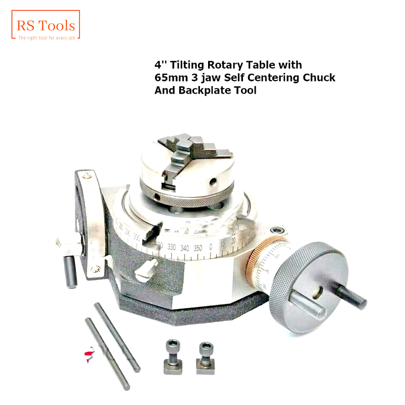 Tilting Rotary Table 4'' with 3 jaw 65mm Self Centering Chuck And Backplate Tool