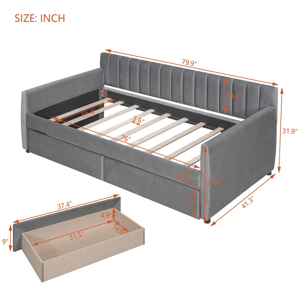 Twin Size Daybed w/ 2 Drawers Upholstered Bed Frame Sofa Bed with Storage Gray