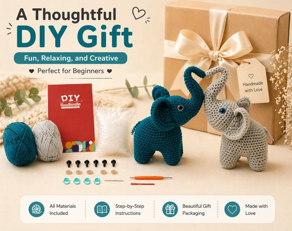 Elephant Crochet Kit 2 Pack for Beginners Amigurumi DIY Set with Video Tutorial