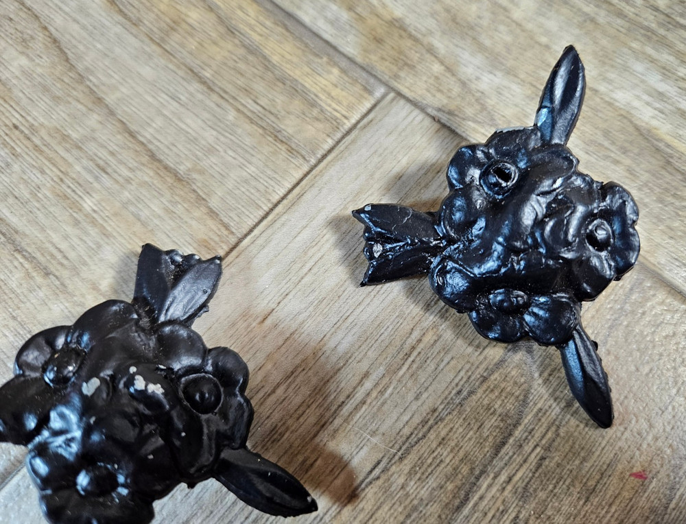 2 Small Metal Floral Drawer Pulls Painted Brown