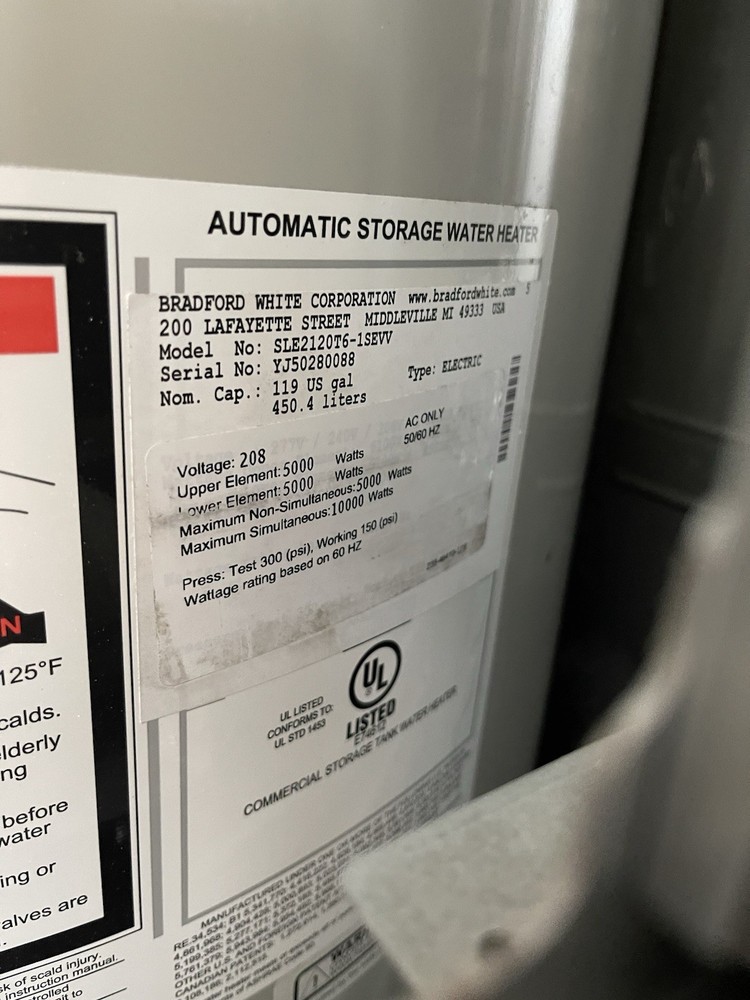 Bradford White SEL2120T6-SEW Water Heater Light Commercial Electric 119 Gallon