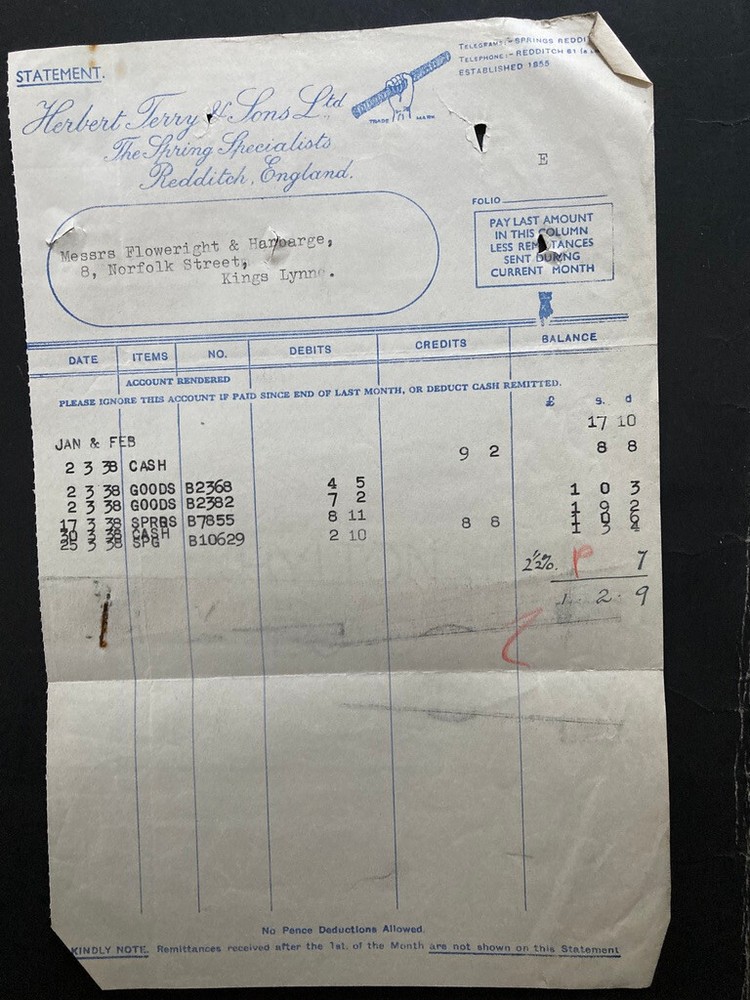 1938 Herbert Terry & Sons Spring Specialists Redditch letterhead receipt invoice