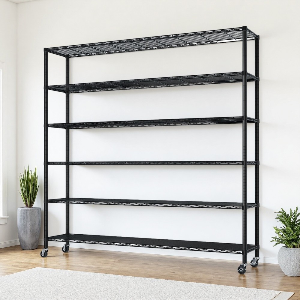 6-Tier Rolling Wire Shelving Unit - Heavy Duty, Adjustable, Black & Modular