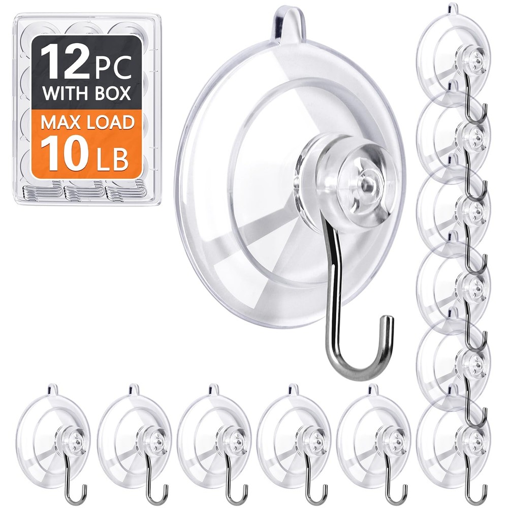 KORCCI Suction Cup Hooks 12Pack - Max Load 10LB, 12pc-Medium Size, Clear