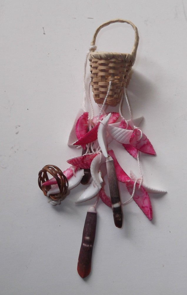 Vintage Sea Shell wind chime with wicker basket small 5" handmade