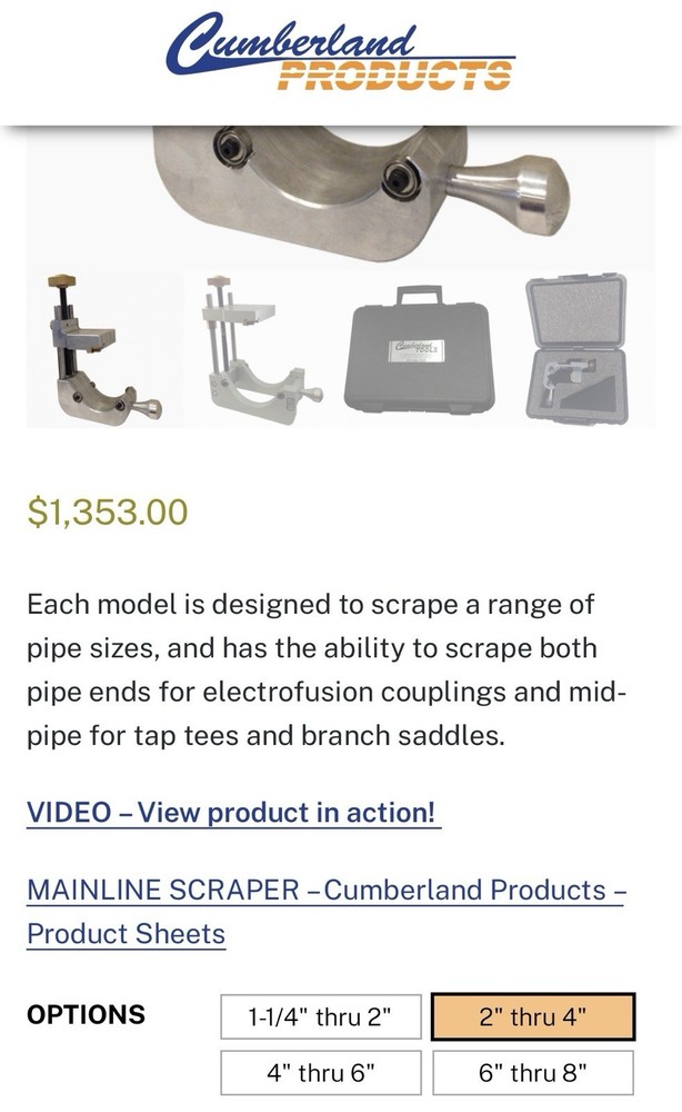 Cumberland Products Mainline Pipe Scraper 2” - 4” With Case