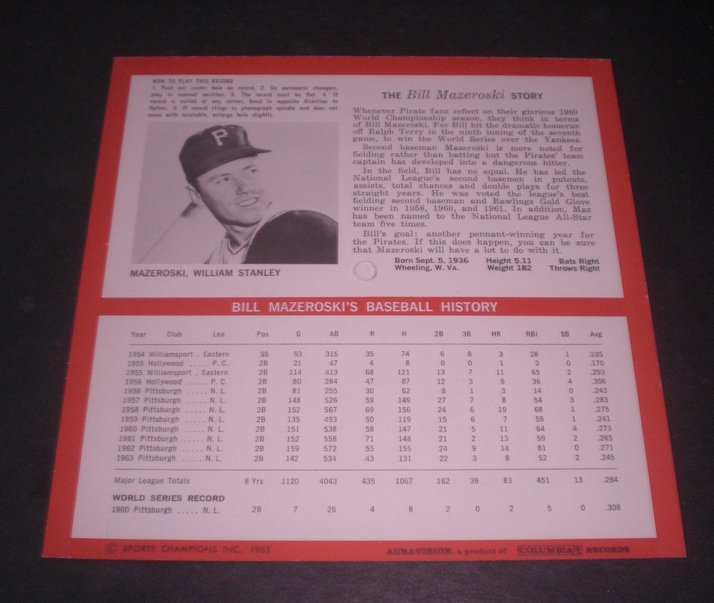PIRATES BILL MAZEROSKI AUTOGRAPHED SIGNED RECORD W/COA