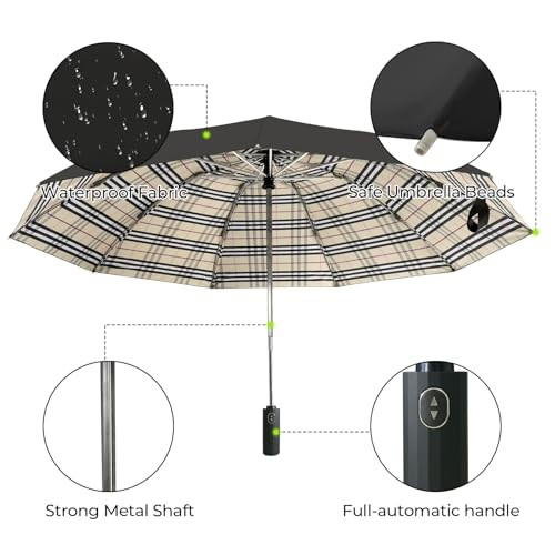 Compact Travel Umbrella, 44" Canopy, Automatic Inverted-Yellow Plaid