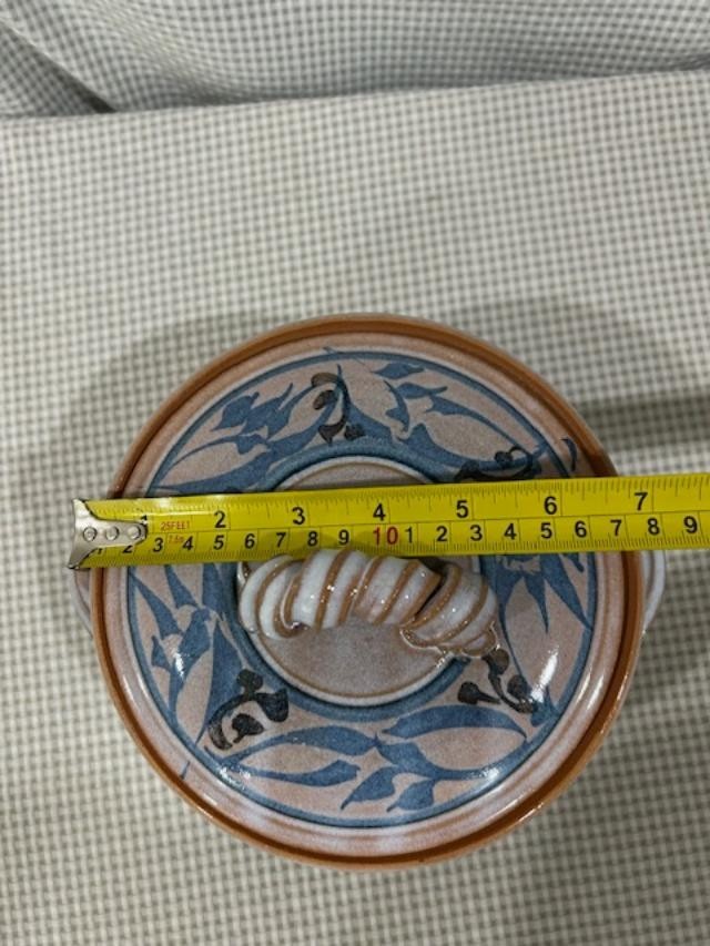 Studio Art Pottery Signed 8” Diameter Crock With Lid Curly Handle