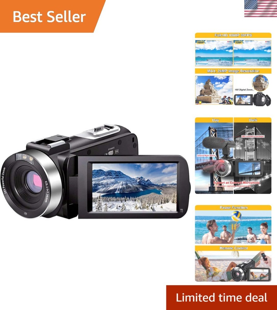 IR Night Vision Camcorder - 1080P Full HD, Remote Control & Time-Lapse Features