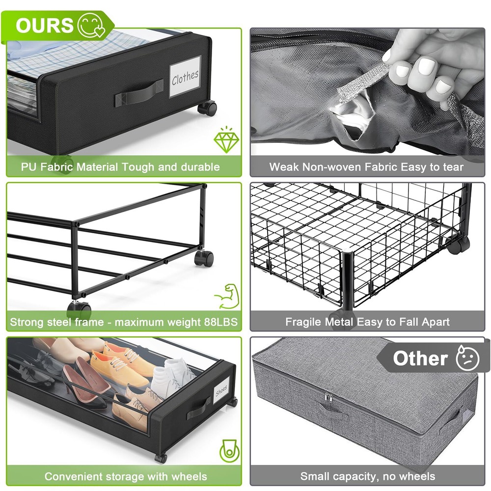 Under Bed Storage with Wheels, XXL 60L Under Bed Storage Containers, under th...