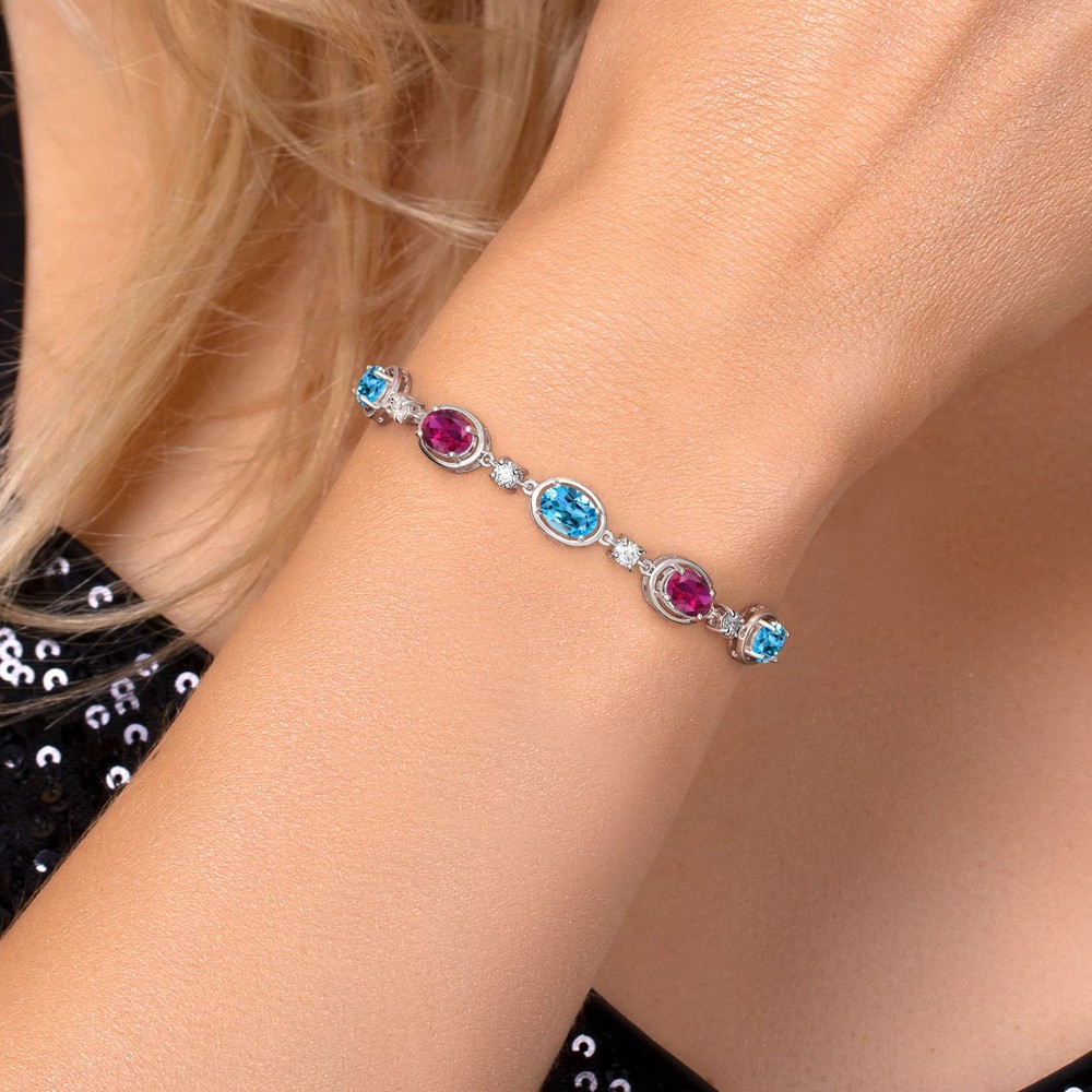 925 Sterling Silver Swiss Blue Topaz, Created Ruby and Lab Grown Diamond