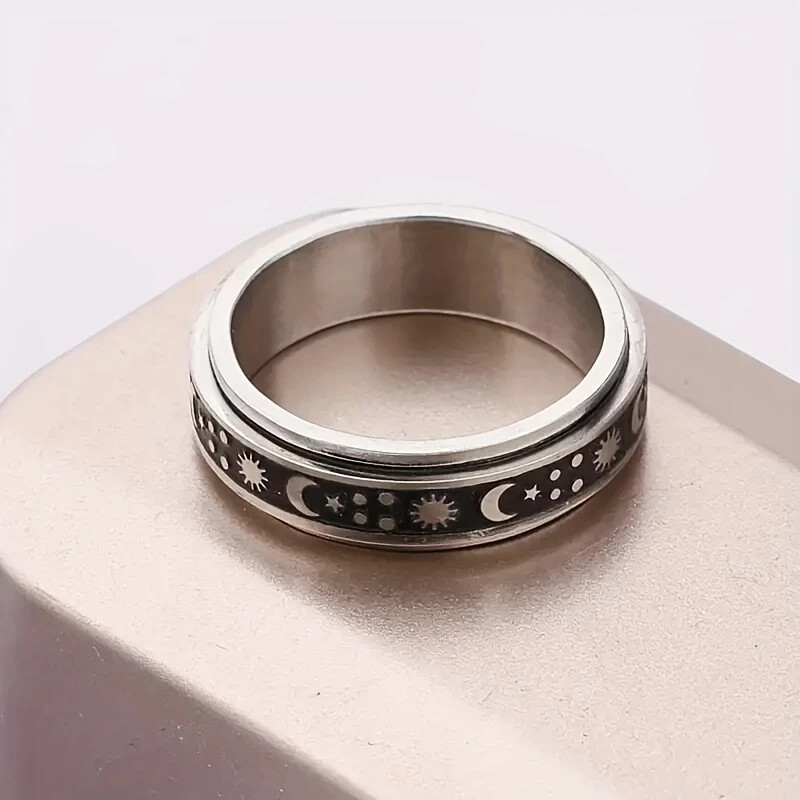 Stainless Steel Spinner Ring Band Celestial Moon & Stars