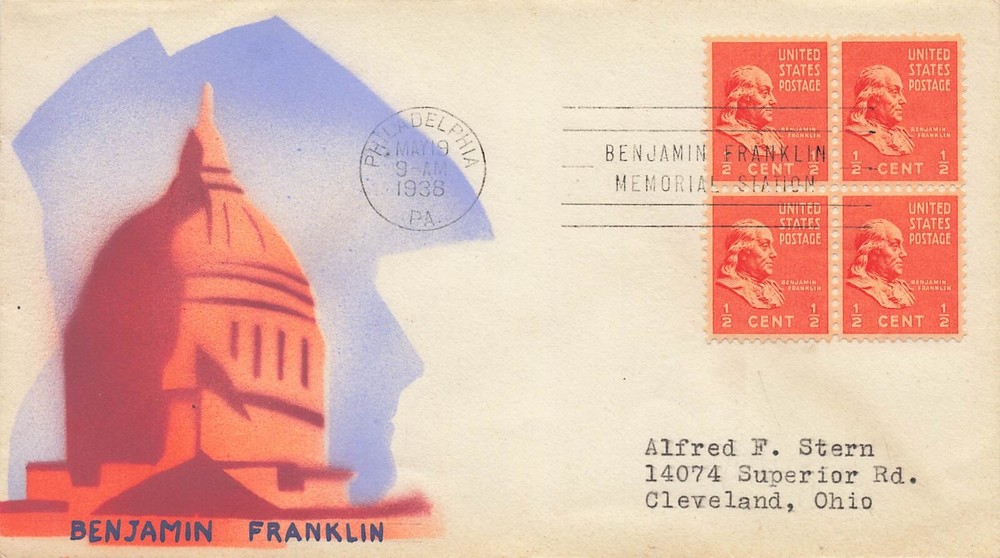 US 803 FDC Block Risko Art Hand Painted Franklin