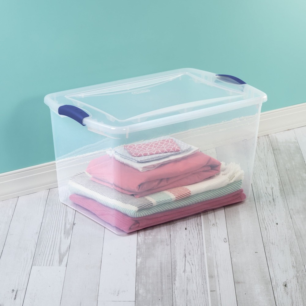 Large Storage Bin, 66 Quart Clear Plastic Storage Container with Latch Lid, Blue